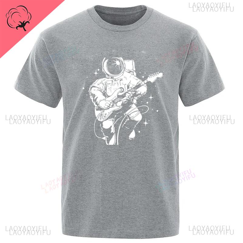 Summer High Quality Funny Astronaut Playing Guitar Casual Unique Loose Cool Men Oneck Streetwear Aesthetic Print Mens Tshirt