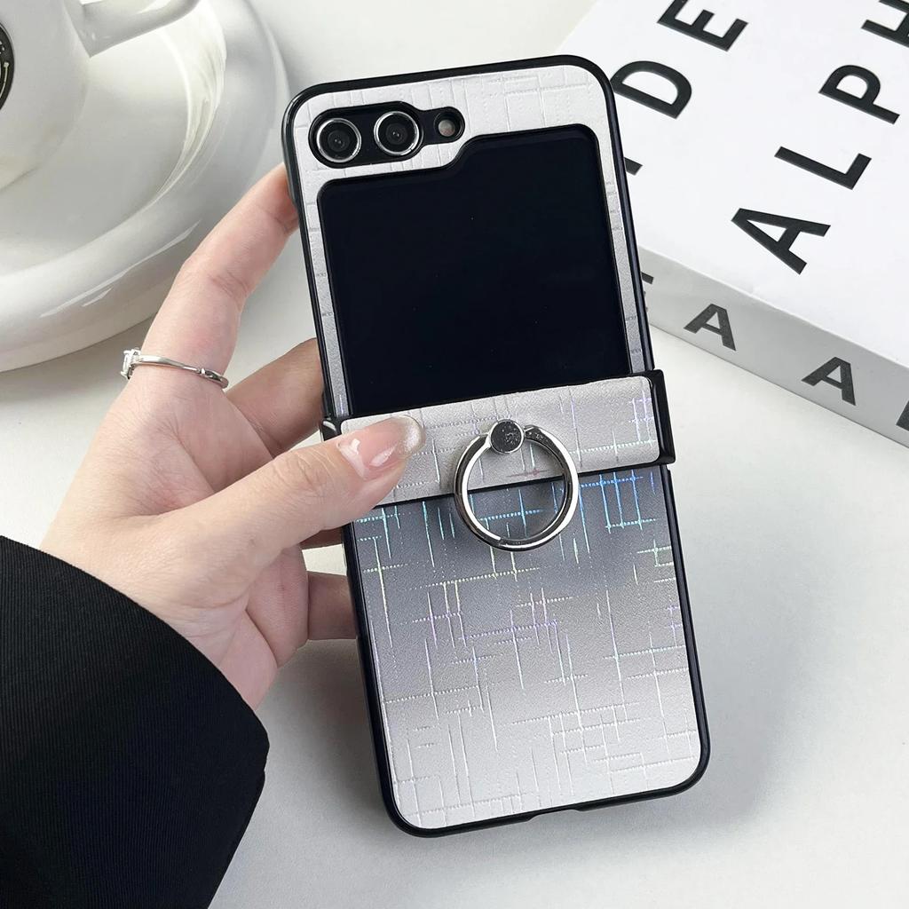 Ring Holder PU Leather Phone Case for Samsung Galaxy Z Flip 5 4 3 Flip5 Flip4 Flip3 5G Plastic Hard Shell Shockproof Cover