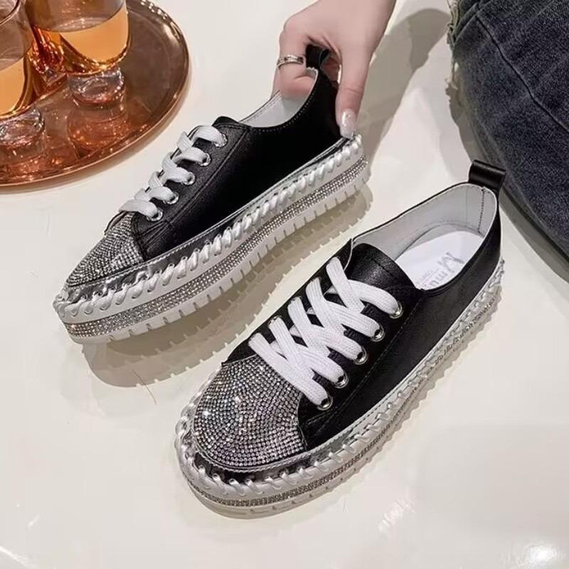 Spring and Autumn new rhinestone thick-soled lazy shoes female student muffin bottom hand-sewn small white shoes casual single shoes