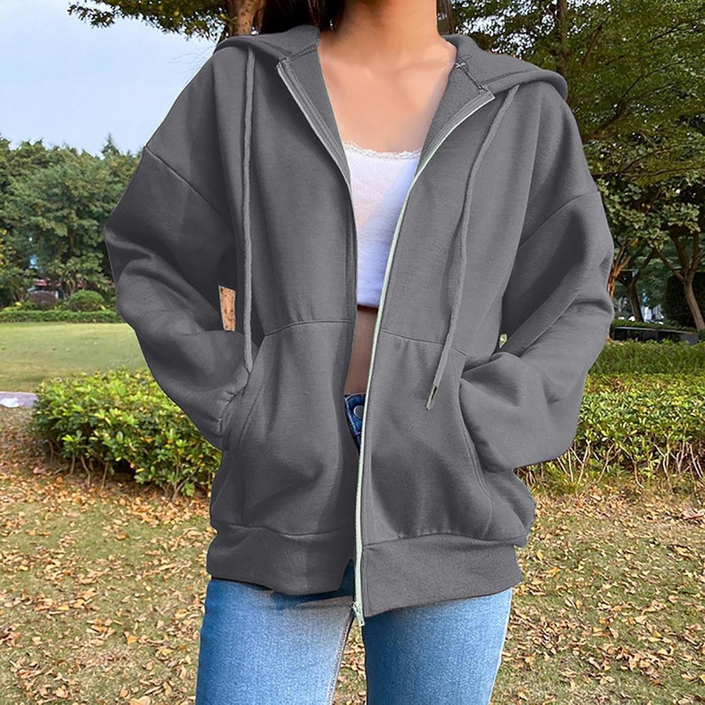 Women's Fashion Casual Solid Color Sweatshirt Autumn/Winter Long Sleeve Pocket Cardigan Jacket Zipper Hoodie Coat