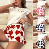 Conjunto de pijama para mujer, top con mangas cortas con volantes y pantalones cortos con estampado de corazones, conjunto de ropa de dormir informal de verano de 2 piezas