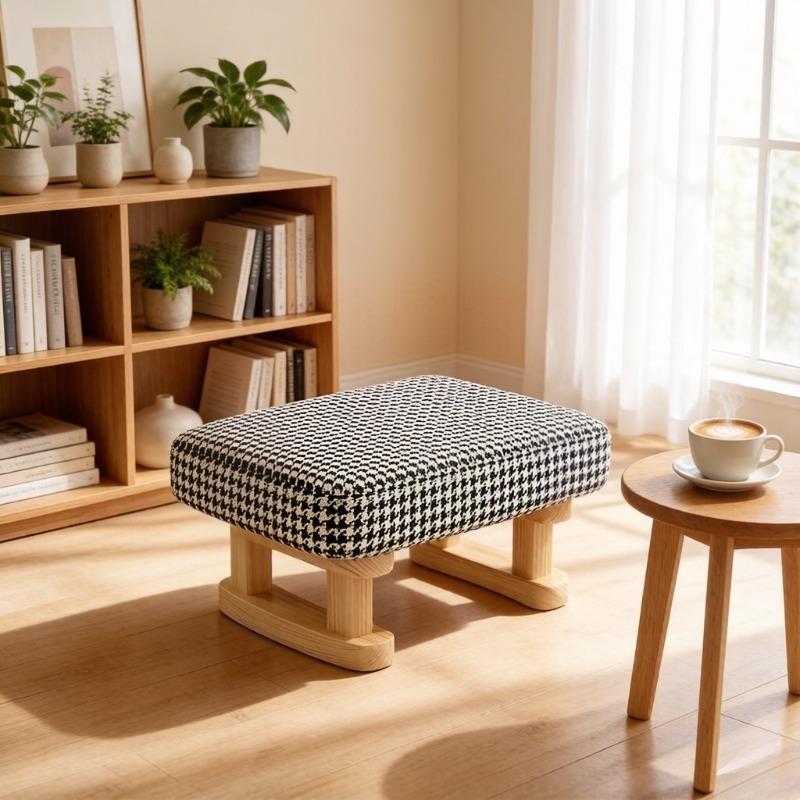 Retro Solid Wood Square Stool, Creative Fabric Sofa Low Stool for Living Room Shoe Changing Home Use