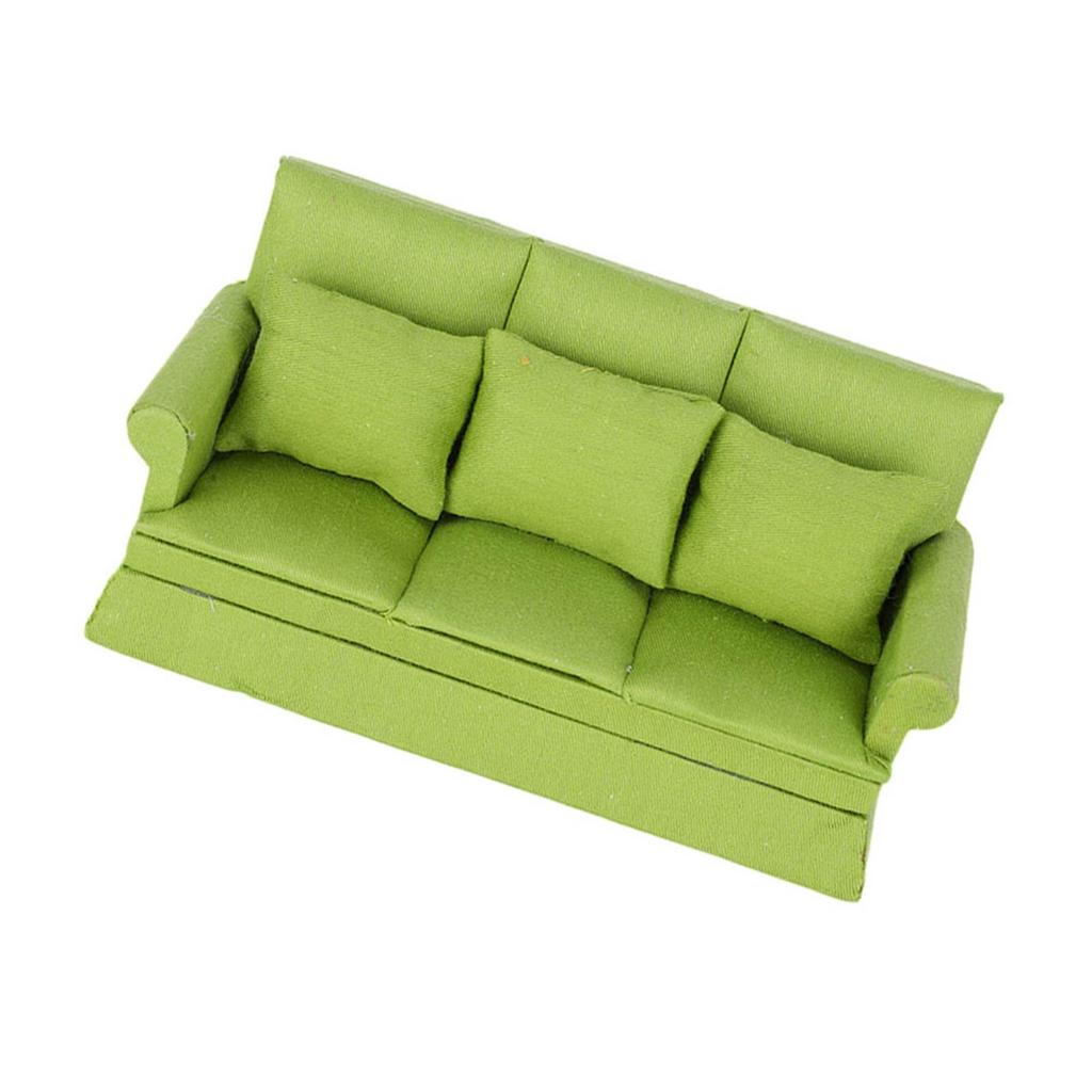 1:12 Doll House Mini Sofa with 3pcs Pillow Living Room Furniture Wooden Doll House Decoration AccessoriesGreen