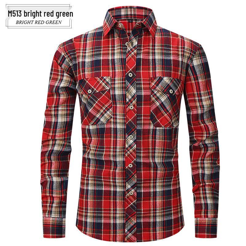 Lente Zomer Slim Fit Geborsteld Ruit High-End Lange Mouw Dubbele Zak Heren Flanellen Overhemd