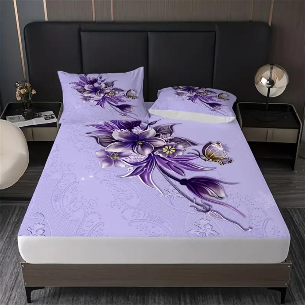 2/3pcs Elegant Butterfly Petal Flower Fitted Sheet Set - 100% Polyester, Soft, Breathable, Hypoallergenic, and Wrinkle-Resistant