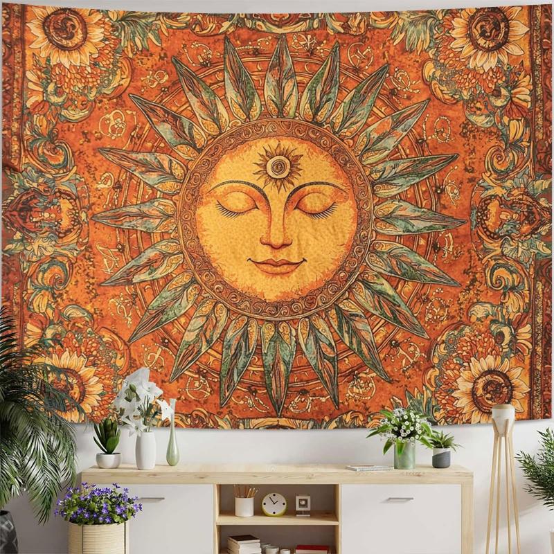 1 piece, 2D flat sun and moon tapestry, vintage bohemian wall hanging with a smiling sun pattern, wsj