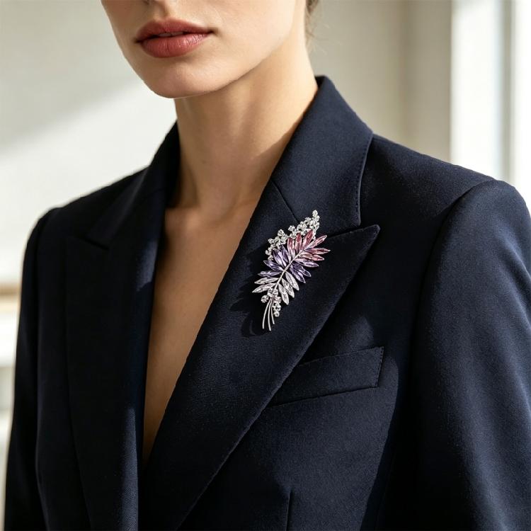 Marquise Stone Brooch Pin with Leaf Shape, Silver-Tone Branch Setting and 8 Cm Size for Lapel, Coat or Dress Accent
