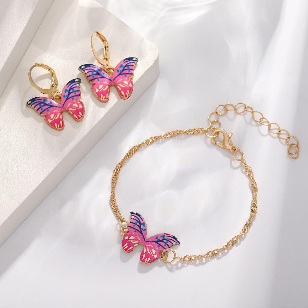 4 Piece Set Women Personalized Design Fashionable Temperament Versatile Color Gradient Butterfly Bracelet Necklace Earring Set