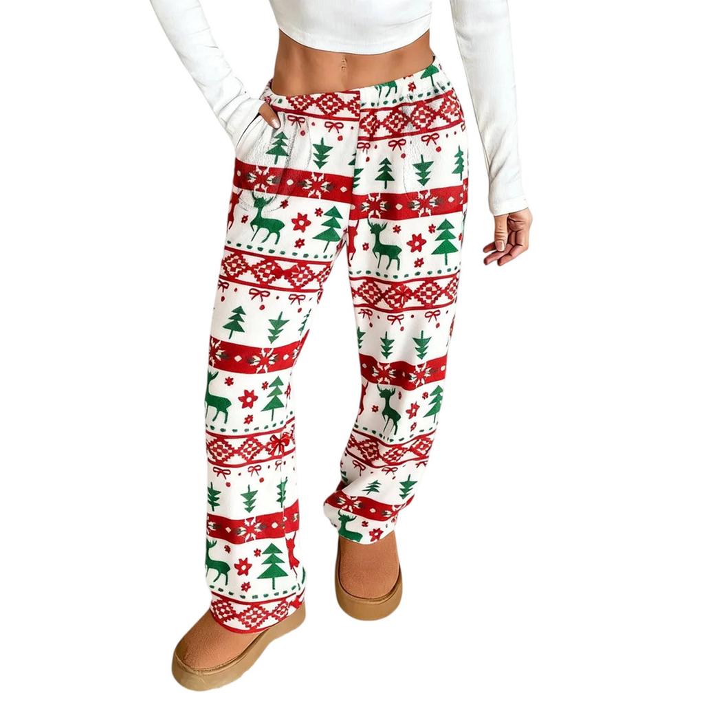Women Pajama Pants Plush Sleep Pants Soft Elastic Waist Pajama Bottoms Patterned Pants With 2 Pockets