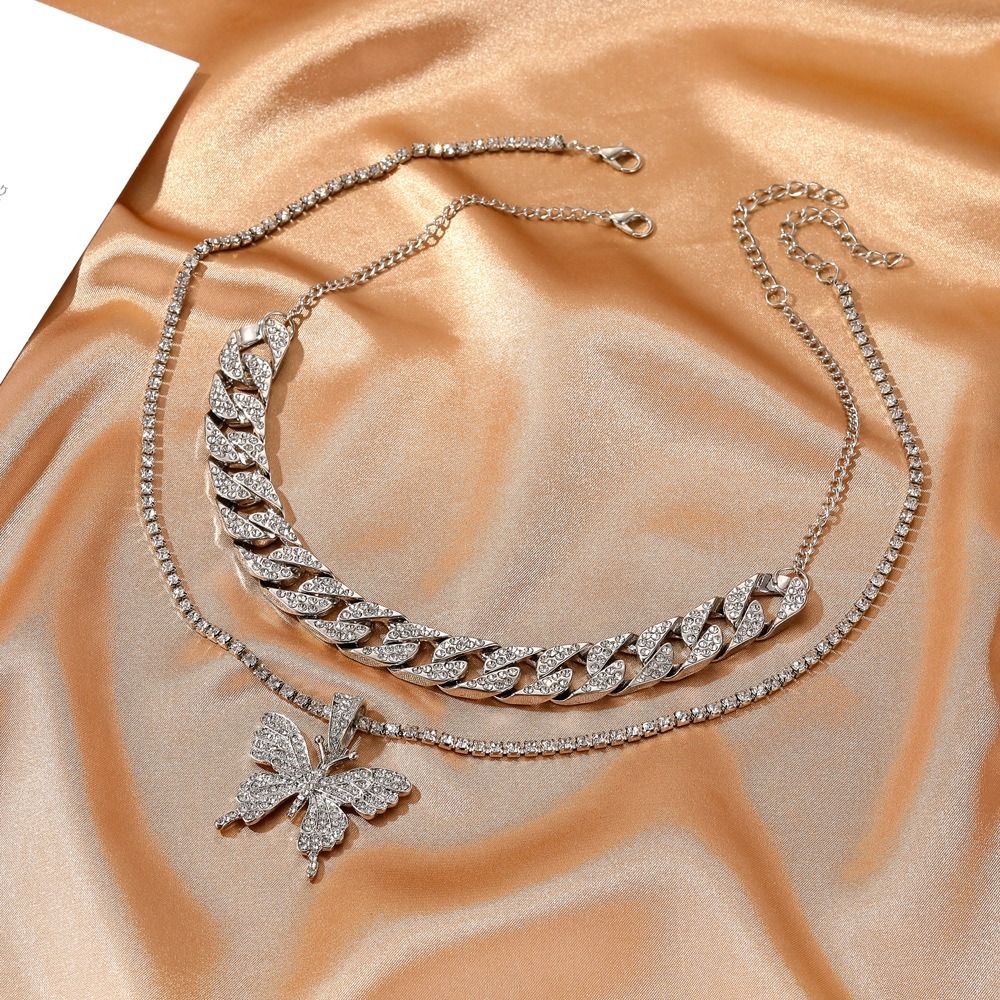 Rhinestone Bling Necklace Trendy Fashion Collars Necklace Butterfly Pendant Necklace for Women