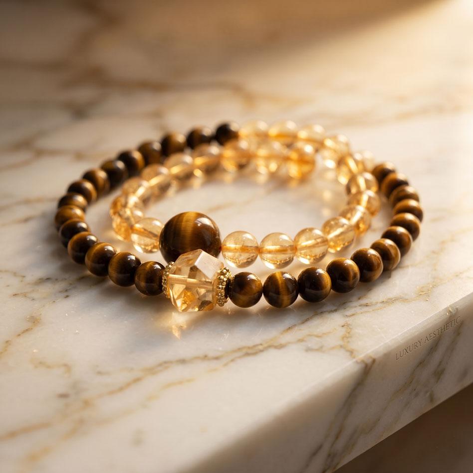 Natural Citrine & Tiger's Eye Double Row Bracelet, Boho Chic Healing Crystal Jewelry for Women, Wealth & Courage Success Amulet