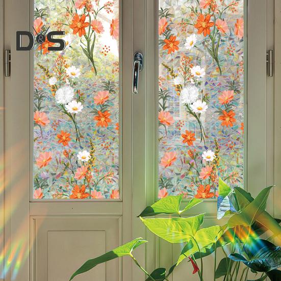 Folia Prywatnościowa na Okno Tęczowa Wodoodporna Statyczna Przyczepność Bez Kleju Naklejka ze Wzorem Kwiatowym do Domowych Szklanych Okien Dekoracja Sypialni Salonu