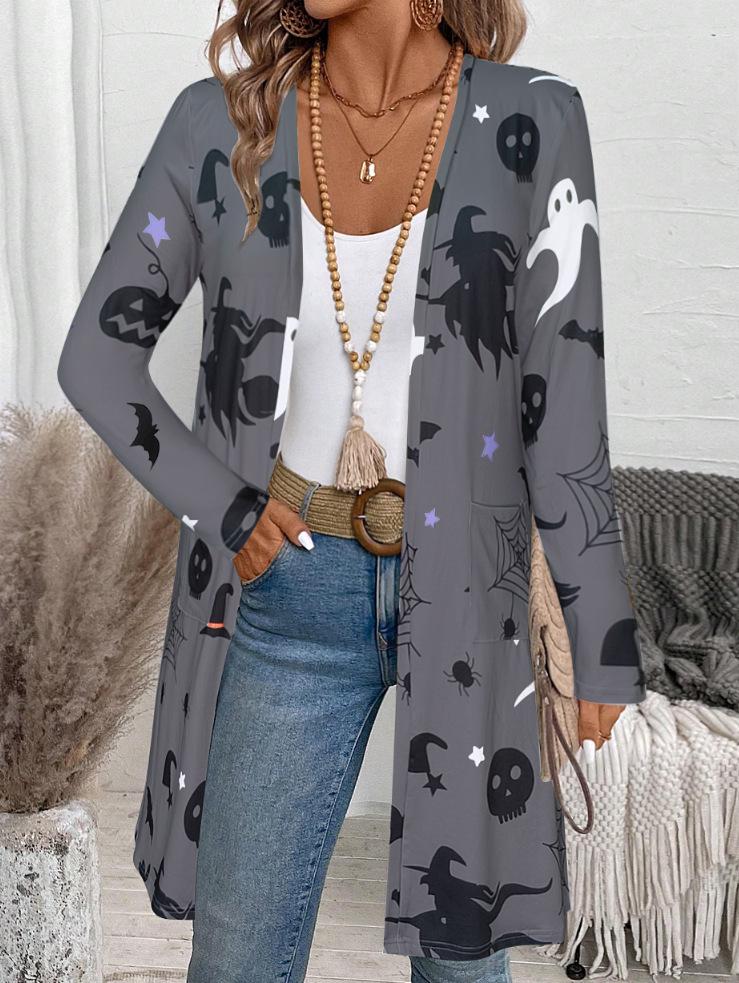 

Женский свободный длинный кардиган с принтом на Хэллоуин (Издание 2025 г.) 2XL серый