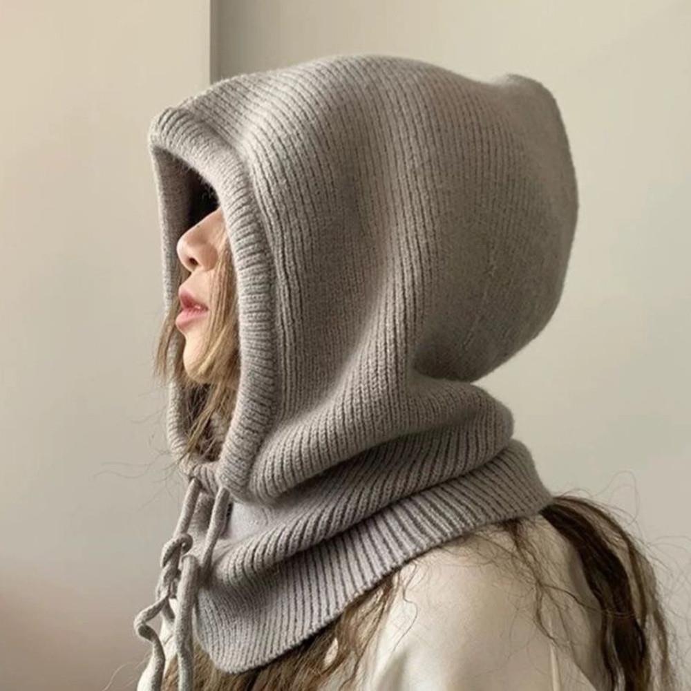 1Pc Knitted Wool Balaclava Skullies For Women Korean Winter Warm Drawstring Hooded Scarf Hat One-piece Neck Collar Beanies Cap