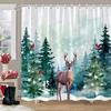 Christmas Theme Shower Curtain Winter Snow Christmas Tree Deer Rustic Wooden Panel Fabric Washable Shower Curtain Bathroom Decor