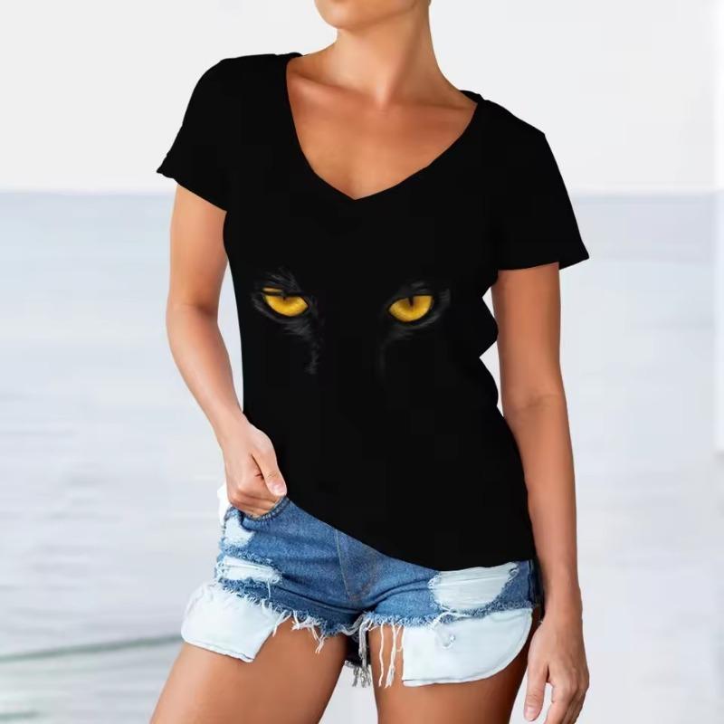Women V-neck Short Sleeve Casual Fashion Kawaii Graphics T-shirt Oversized Female Girls Clothes 3D Funny Cats Print T Shirts