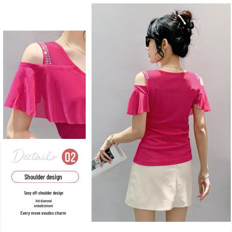 2024 Chic Off-Shoulder Diamond Accent Lotus Sleeve T-Shirt