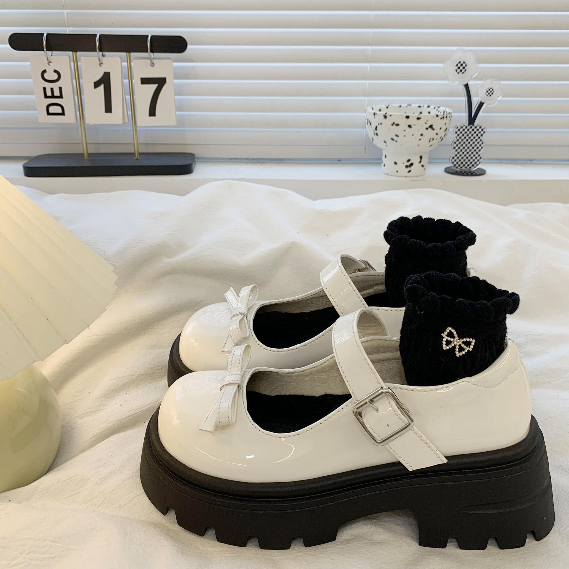 

Туфли Мэри Джейн из кожи на толстой подошве для женщин в британском стиле 2024 года, новые туфли с одним словом и бантом, легкие туфли-лоферы для женщин 35