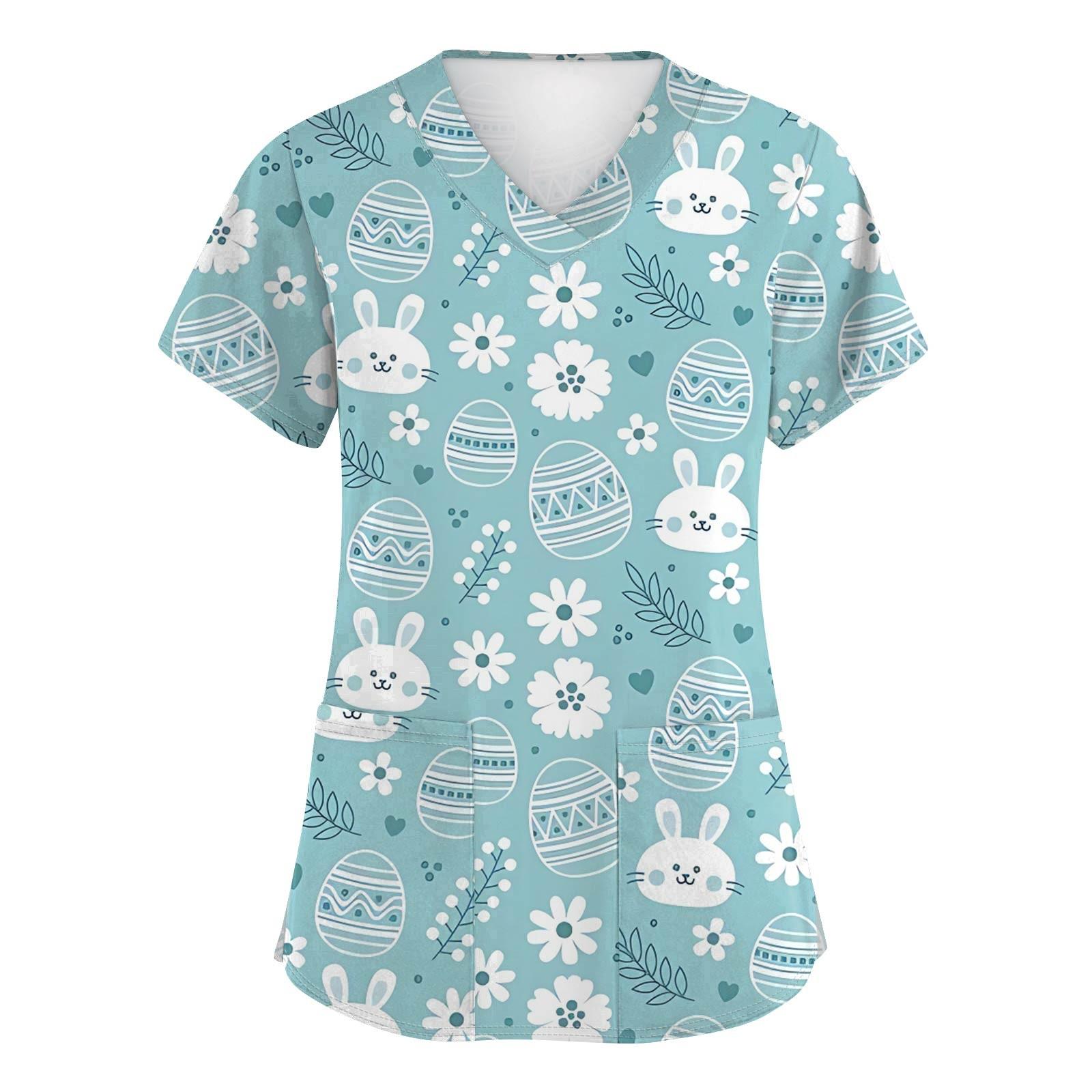 Women s Fashionable Short Sleeved Easter Printed V-Neck Pocket Work Jacket Top XXL светло-синий
