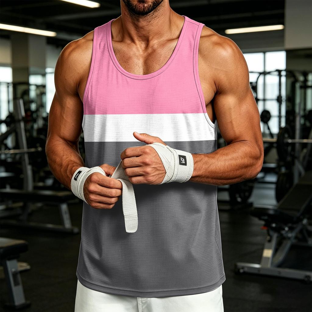Men's Casual Sleeveless Tank Top Outdoor Sports Round Neck Striped Print Lightweight Breathable Summer Vest Shirt
