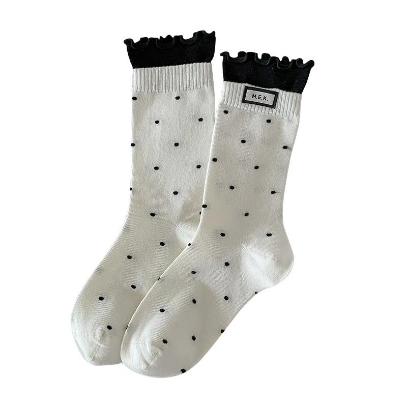 Women’s Cute Dotted Frilly Socks Soft Cotton Breathable Casual Fashion Preppy Style Long Socks Comfy Novelty Socks