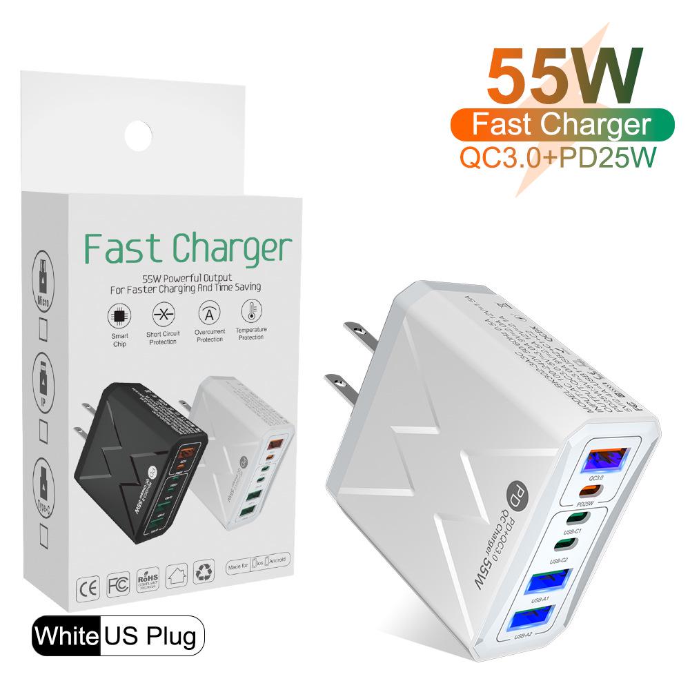 PD 25W 6-Port Fast Charger: 3 USB, 3 PD 55W with QC3.0 – EU, UK, AU Plugs