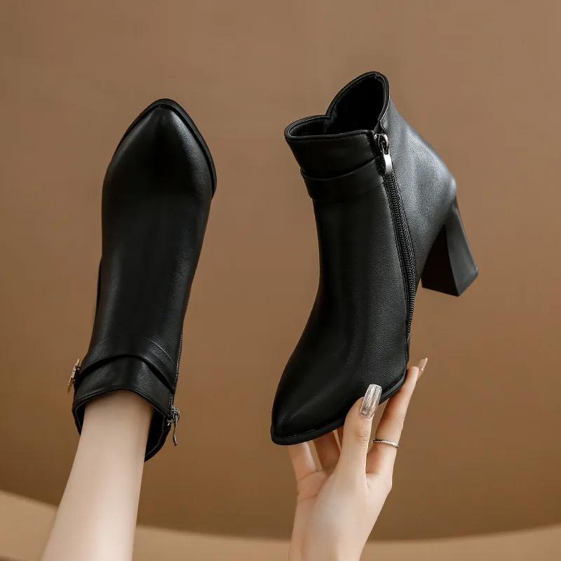 Fashion Fashion Women Short Boots Autumn and Winter New Pointed Side Zipper High Heel Ankle Boots Botines De Mujer Ladies Leather Boots