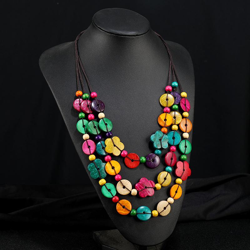 Vintage Bohemian Coconut Shell Wood Necklace Woven Long Multilayer Colored Women's Sweater Chain Vacation Accessories