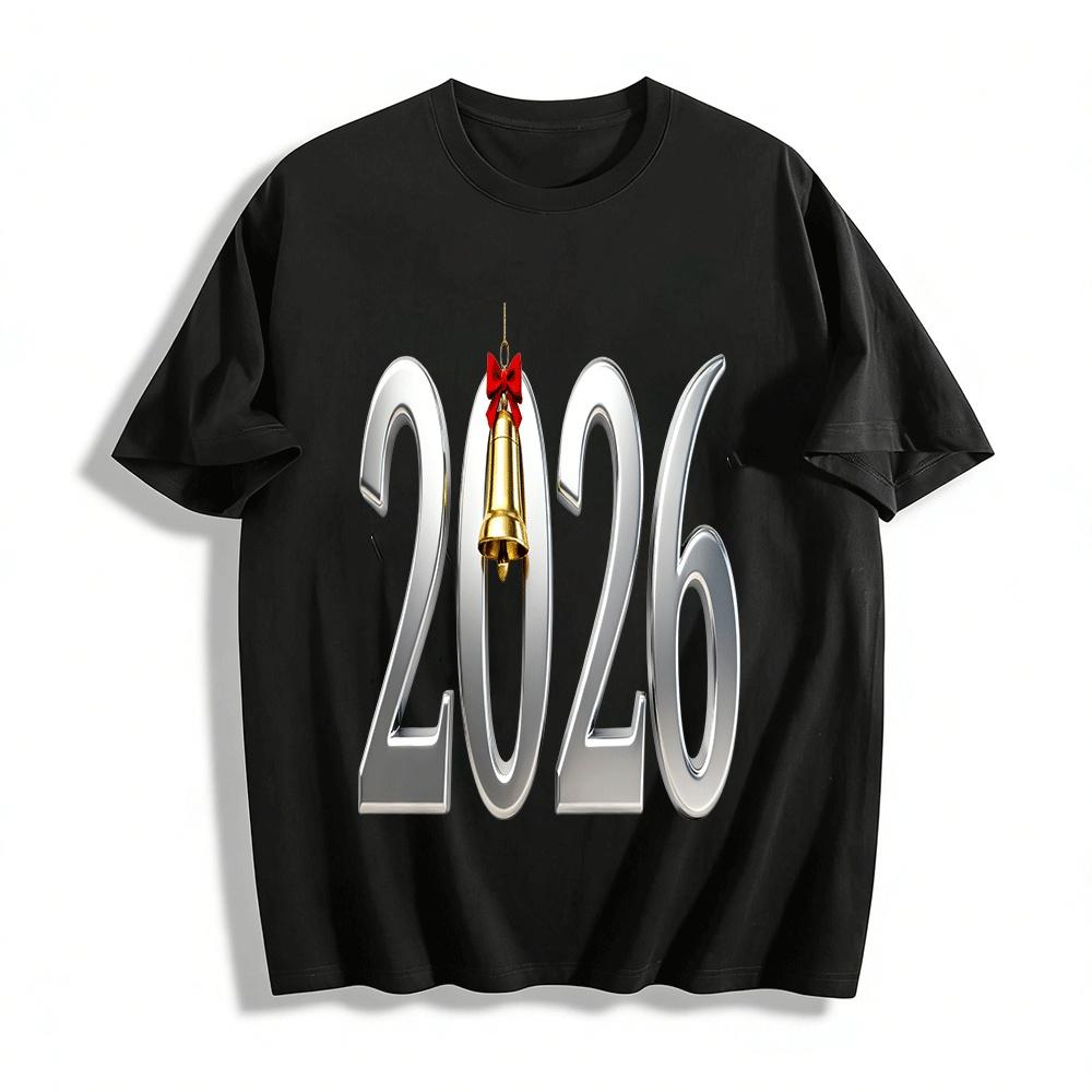 2026 New Year Bell Print Trendy Casual Unisex Top Pure cotton T-shirt XXS