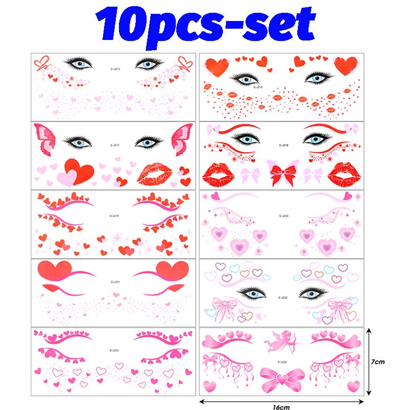 1-10Pcs Valentine's Day Face Tattoo Sticker Love Bow Pattern Safe Comfortable Easy Remove Water Transfer Paper Temporary Tattoos