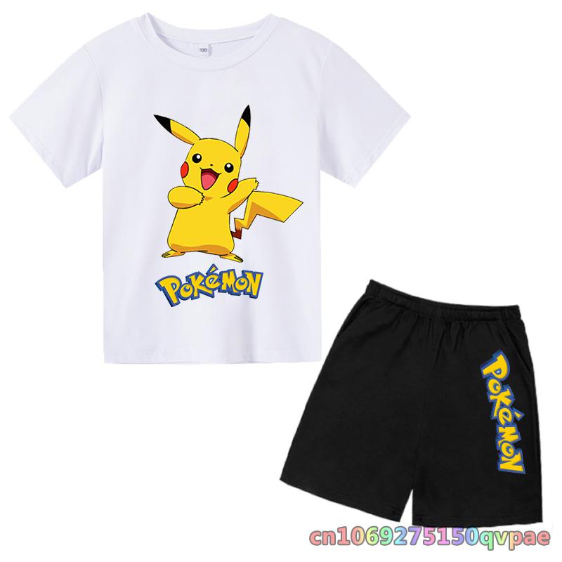Children's Clothes Cartoon Summer Kids Animal Pokemon T-shirt Set Boys' Clothing  Leisure Cotton Pikachu Print Short Sleeve