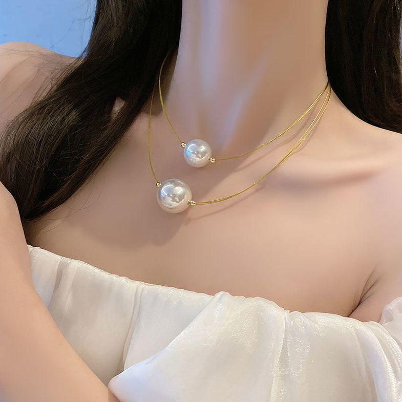 French retro pearl necklace women's one big high-end temperament summer collarbone chain neck chain accessories tide