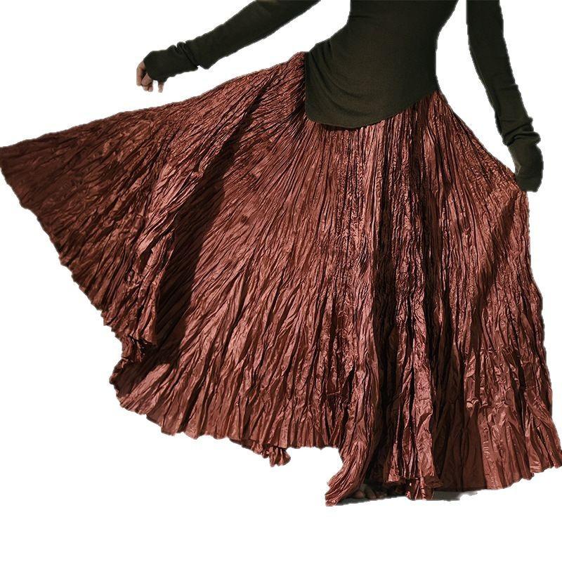 Women's Faux Silk Maxi Skirts Boho Solid Beach Elastic High Waist Pleated A-Line Flowy Swing Long Maxi Skirts Elastic Waist Long Skirt for Women