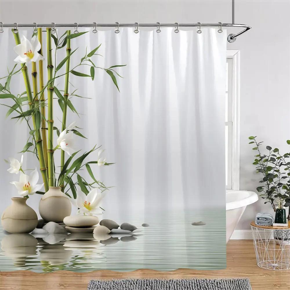 Lotus Flowers Shower Curtain Green Leaves Plant White Floral Chinese Style Home Wall Hanging Bathroom Curtains Decor with Hooks