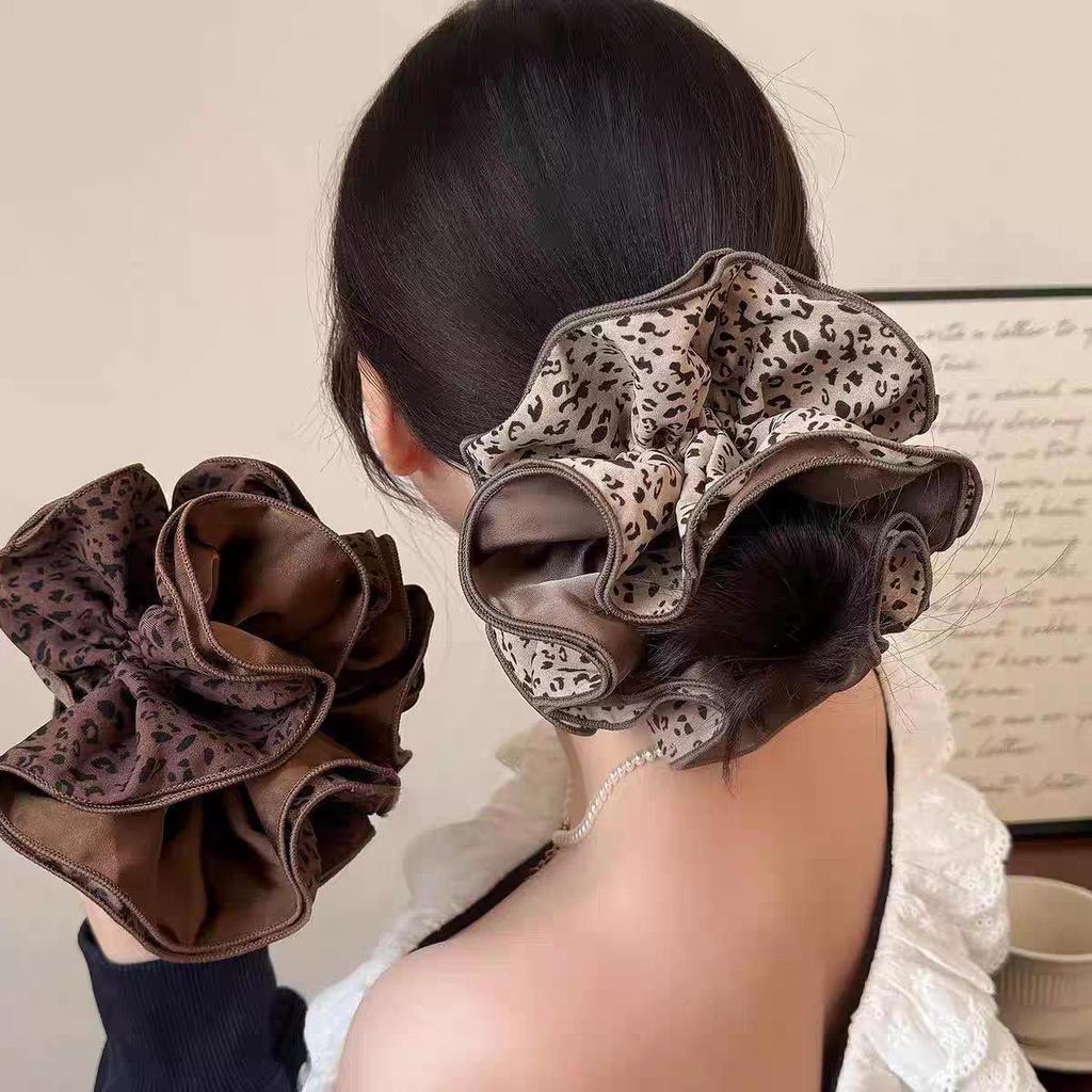 New 2025 Women's Leopard Print Double Layer Elastic Hair Tie Scrunchie Bun/Ponytail Holder