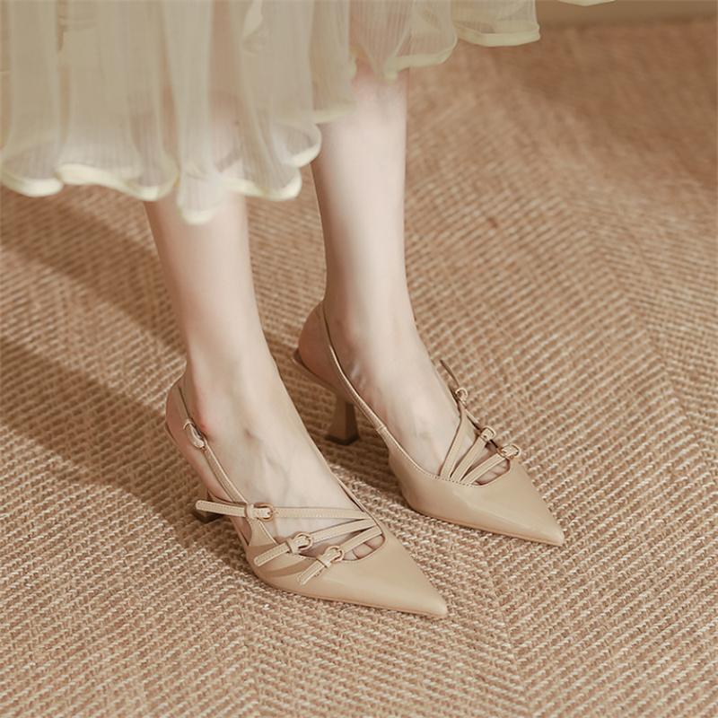 Patent Leather Women Sandals Sexy Pointed Toe Back Strap Buckle Summer Slingback Footwear Ladies High Heel Wedding Party Shoes