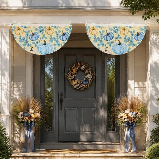 Thanksgiving Fan Flag Fall Bunting for Outside, 1.5 x 3ft Turkey Pumpkin Maple Outdoor Decorative Fans Leaf Pattern Hanging Banner, Harvest
