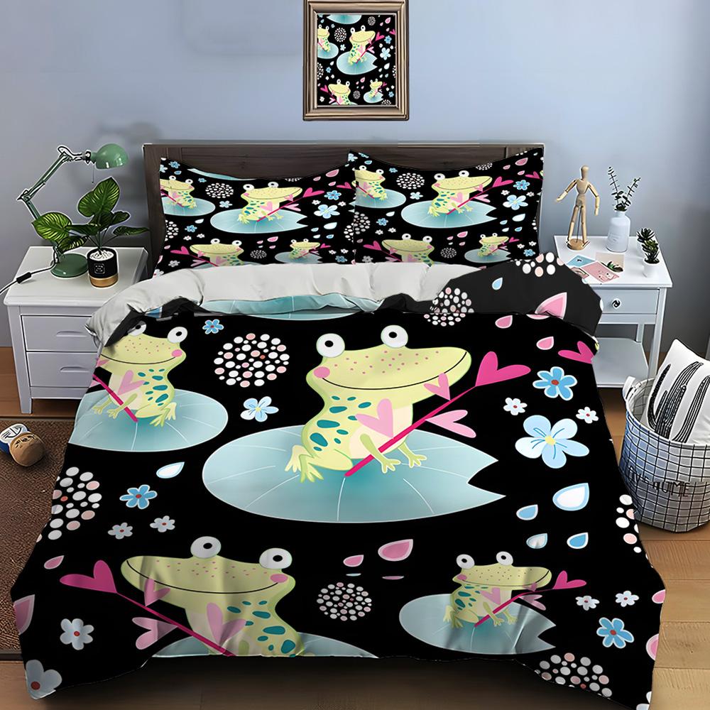 Cartoon Frogs On Lily Pads Bedding Set for Kids Luxury Gift 3pcs Digital Print Comforter Set Soft Comfortable Breathable