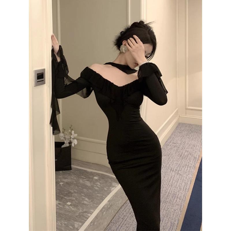 New Black One-word Shoulder Dress Women's Spring and Autumn Senior Sexy Hip-wrapped Dress Dress