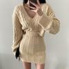 Fashion V-neck Twist Long Sleeved Knitted Sweater Dress Autumn Korean Style Gentle Women High Waist Hip Skirt Elegant Casual Loose Outfit Clothing