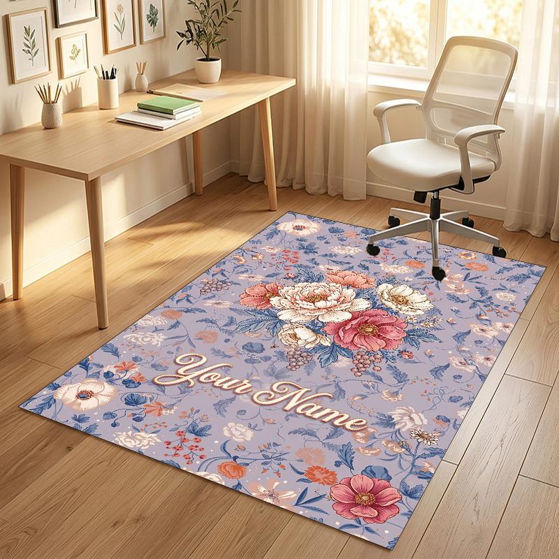 Floral Garden Theme Crystal Velvet Rug Personalized Custom Name Text Soft Floor Mat Home Decor