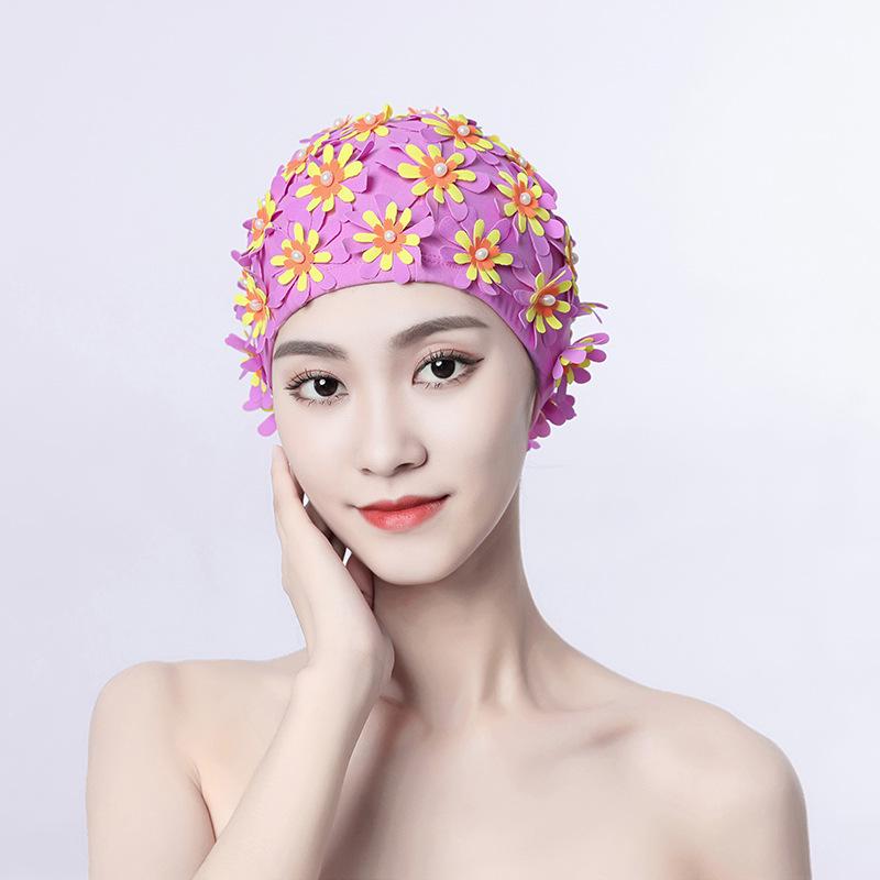 Women's Pearl Flower Handmade Swimming Cap - Three-Layer Design with Double-Layer Comfort