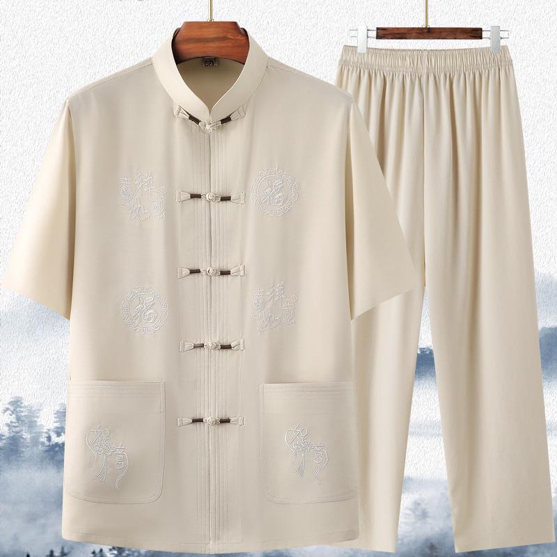 Men's Summer Ice Silk Tang Suit Short-Sleeve Chinese Shirt for Dad and Grandpa