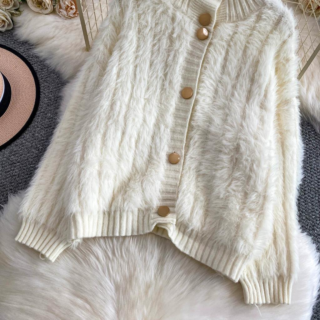 Autumn Winter Women Casual Turtleneck Single Breasted Furry Mohair Knitted Sweater Cardigans Tops Jacket Coat