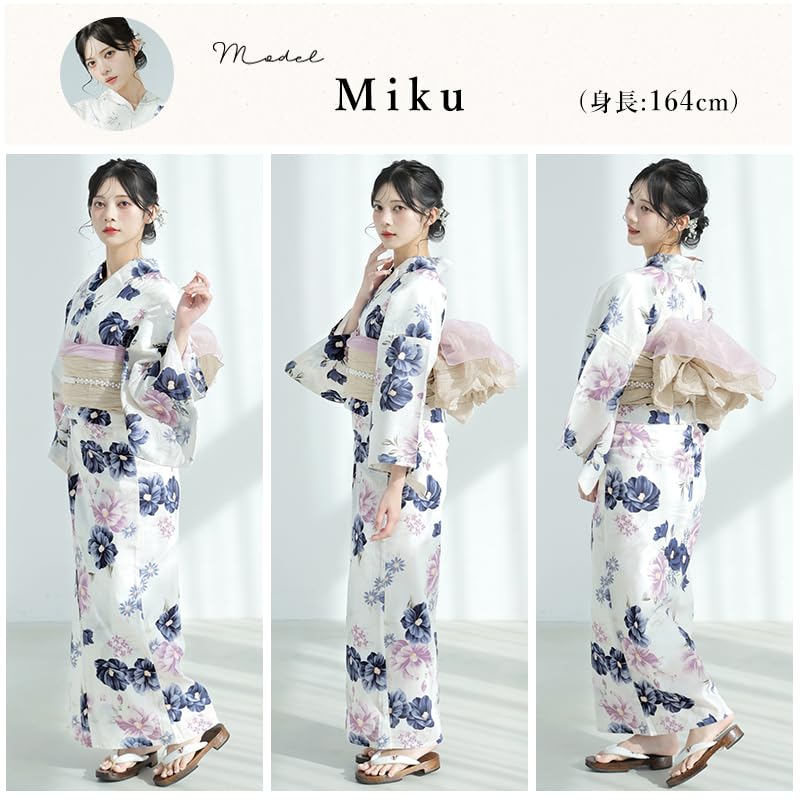 Yukata Heiko Obi Large Camellia Flower Easy to Wear by One Person no Suigetsu FREE (Dita) Women's 5-Piece Set (Sash), Blue, Pink, Purple, White,