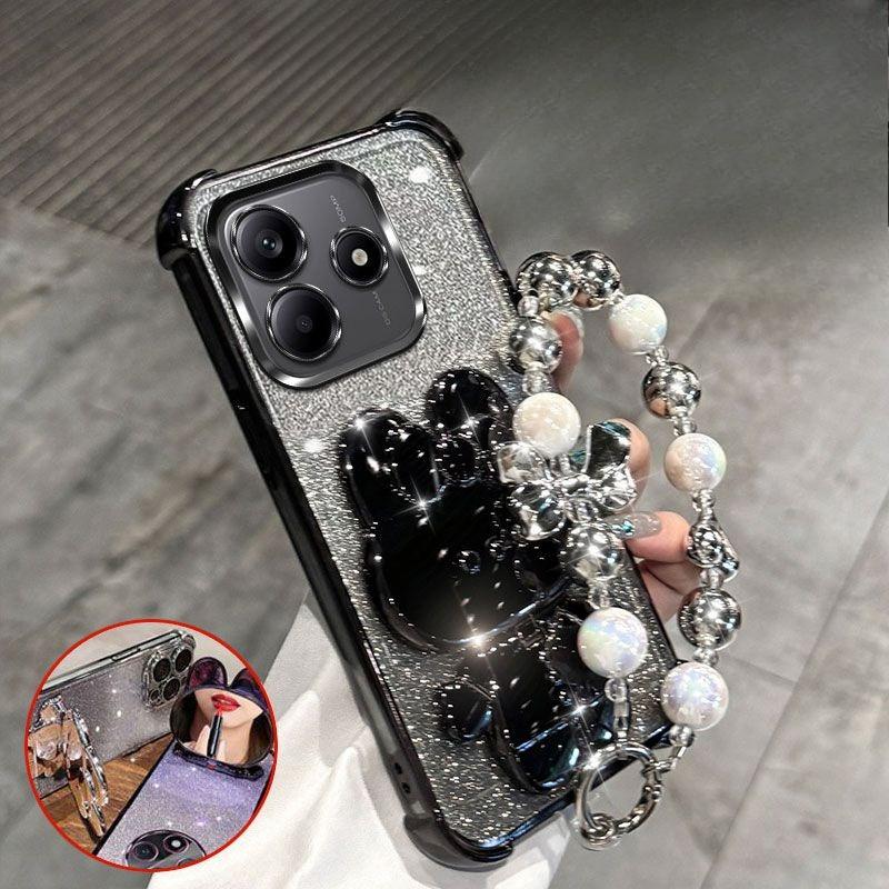 Rabbit Mirror Bracket Phone Case for Redmi Note 14 S Pro 13 Pro Plus 14C A5 with Bracelet Four Corner Airbag Cushioning Shell