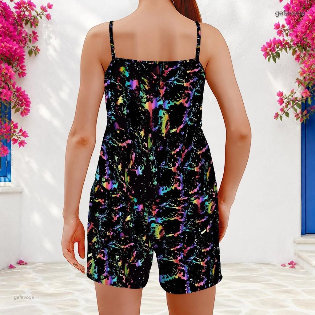 Women Plus Size Scoop Neck Strappy Tank Top Floral Printed Navy Blue Two Piece Shorts Set