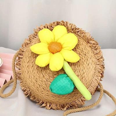 Yogodlns Femmes Chapeau D'été Conception Paille Sling Sac À Bandoulière Tissé Fleur Décor Petit Sac À Bandoulière
