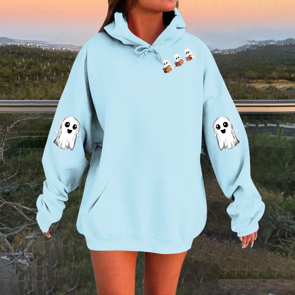 Women's Solid Color Long Sleeve Casual Halloween Print Pullover Hooded Sweatshirt