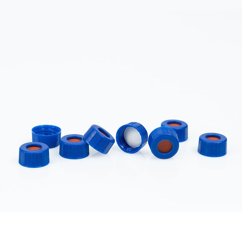 ALWSCI Крышки с резьбой 9-425 для ВЭЖХ с септами, Белые септы PTFE/Красный силикон для автосамплерных пробирок 2 мл ND9, 100 шт./уп. Blue Lids & White PTFE Re